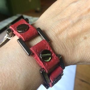 Red leather and metal bracelet! Biker chic! NEW!